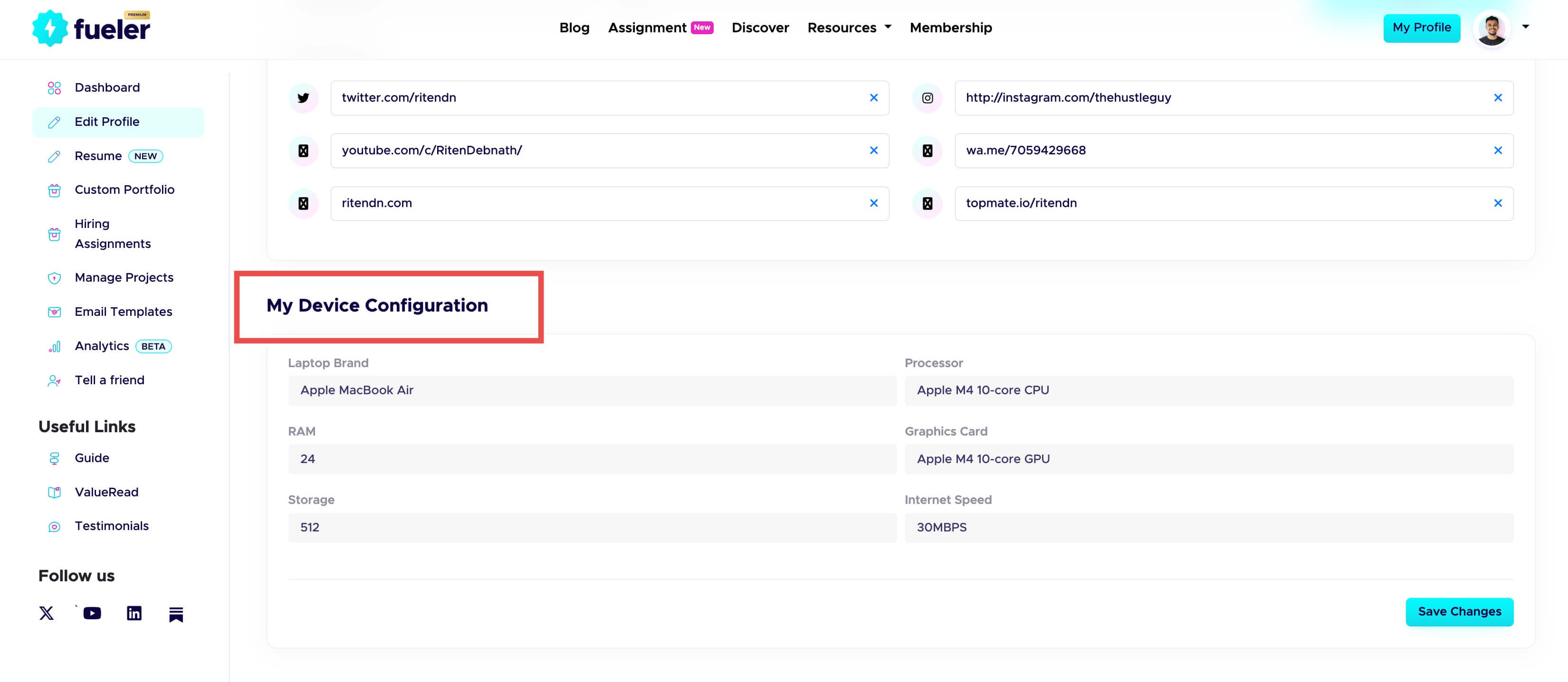 My Device Configuration Section on Fueler Dashboard
