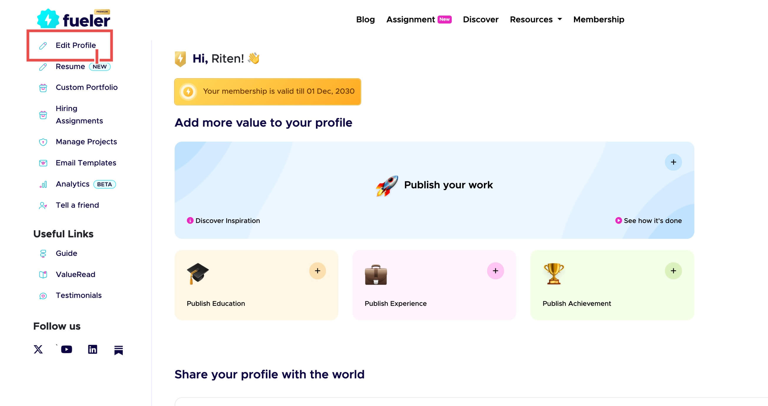 Edit Profile section on Fueler profile